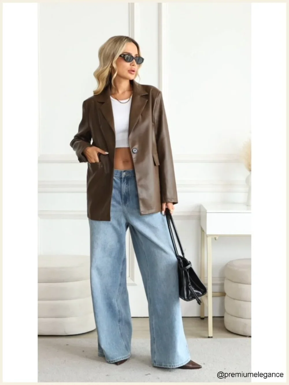 Womens Faux Leather Blazer Jacket Oversized Button Down Notched Lapel Fall